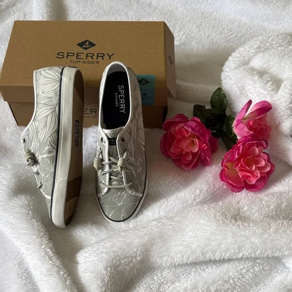 Sperry Women's Leaf Print Canvas Sneakers - White and Gray NEW - Picture 2 of 6